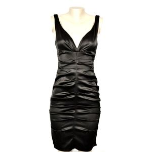XSCAPE Dress Cocktail Black Ruched Sleeveless Midi Sheath V-Neck Size 14